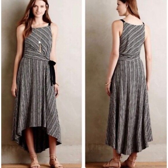 Maeve Anthropologie Salsola Hi-Lo Striped Side Tied Dress Small Black Cream - Picture 2 of 12